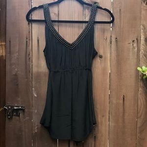 Black silk tank with tie around waist & gold beads